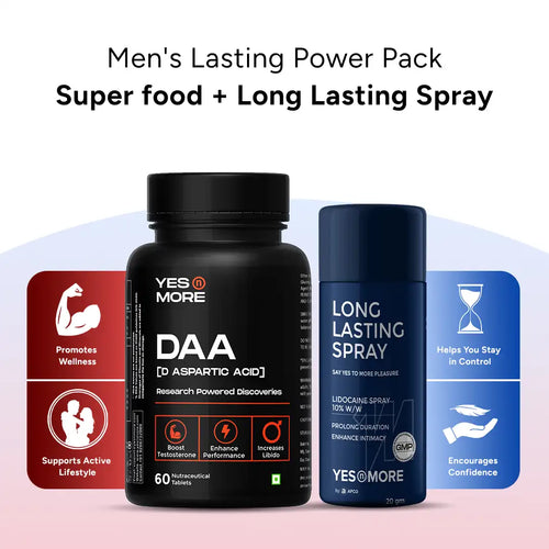 Yesnmore Power Play Combo with D-Aspartic Acid supplement and long lasting delay spray for men’s performance and stamina