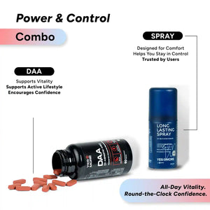 Yesnmore Power Play Combo with D-Aspartic Acid supplement and long lasting delay spray for men’s performance and stamina