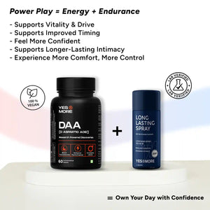Yesnmore Power Play Combo with D-Aspartic Acid supplement and long lasting delay spray for men’s performance and stamina